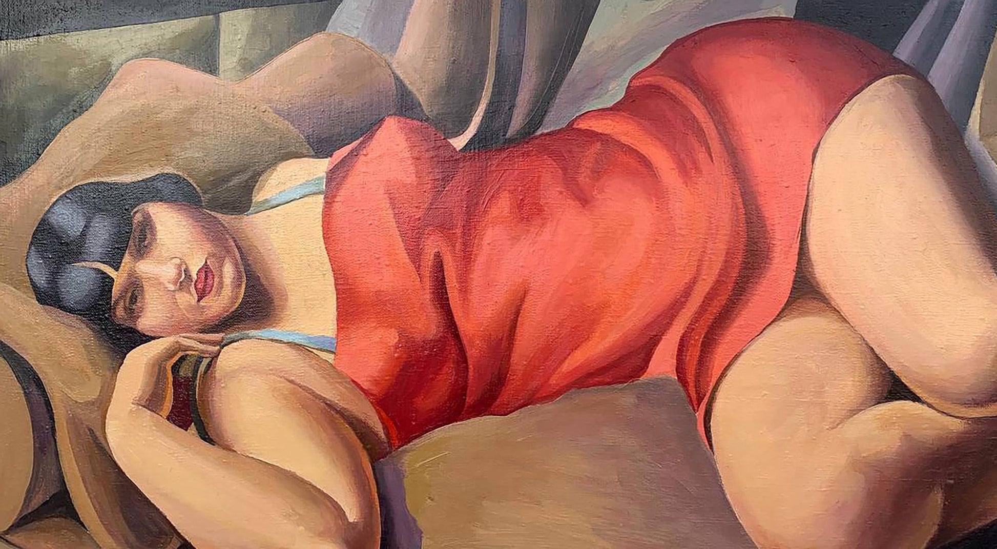 Oil painting of Lady in Red by V. Konotopsky, inspired by T. Lempicka