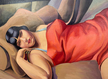 Oil painting of lady in red dress by V. Konotopsky, Tamara de Lempicka style