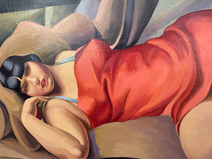 Oil painting of lady in red satin dress by V. Konotopsky, Tamara de Lempicka style
