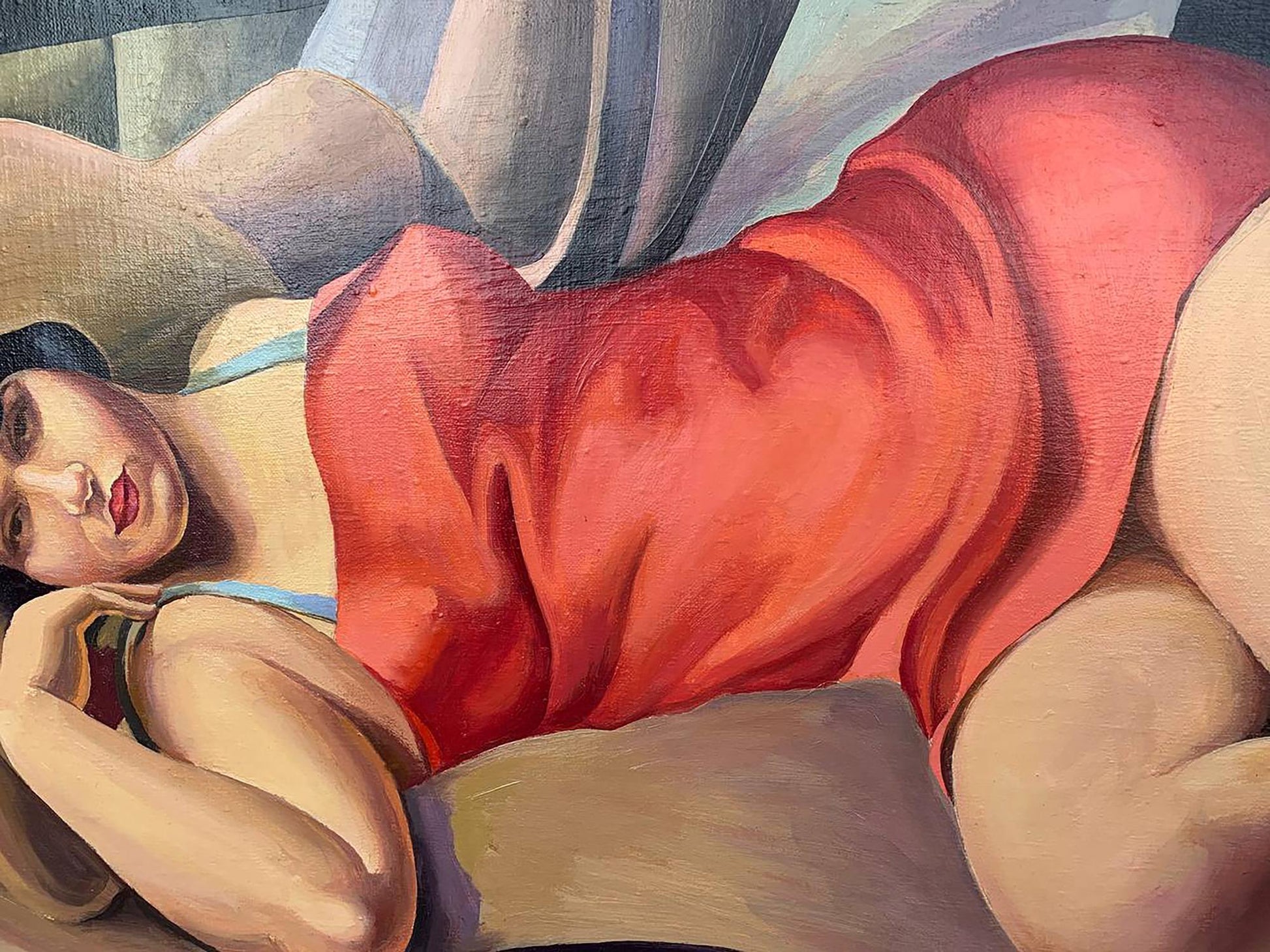 Oil painting of lady in red dress by V. Konotopsky, Tamara de Lempicka style