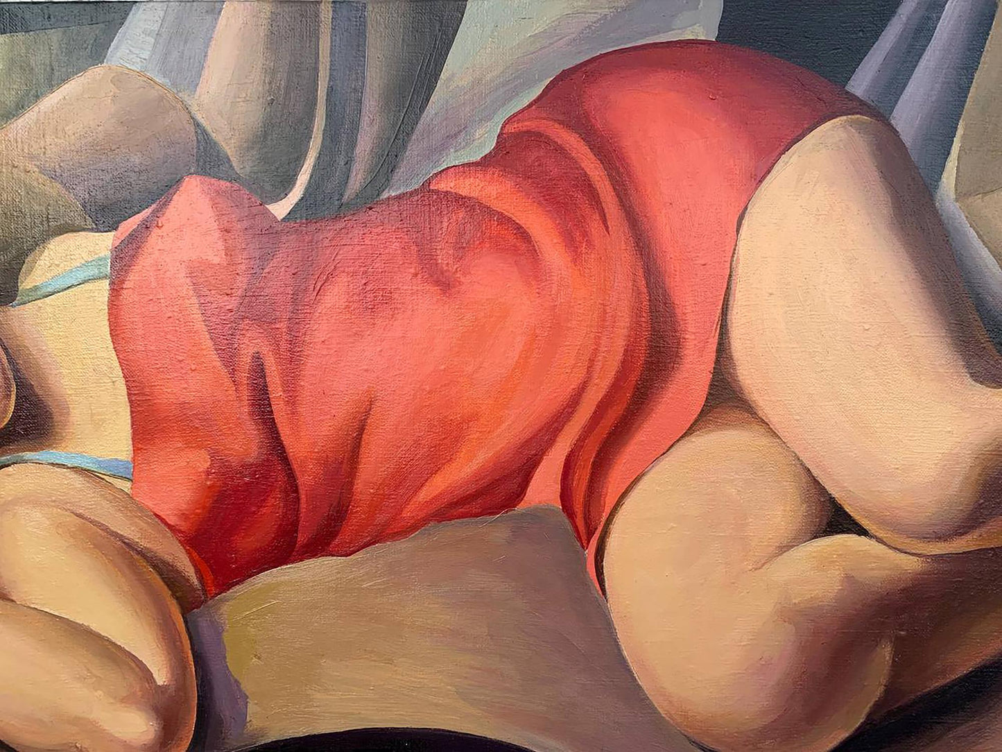 Oil painting Lady in Red by V. Konotopsky, vibrant red draped figure