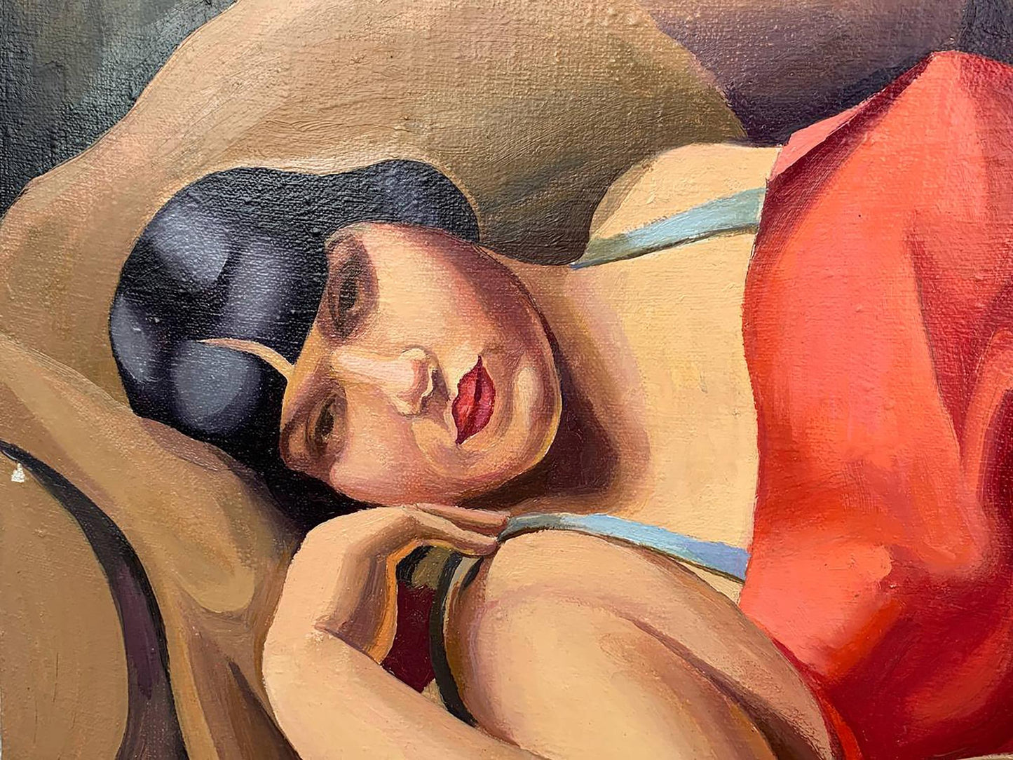 Oil painting Lady in Red by V. Konotopsky, inspired by T. Lempicka