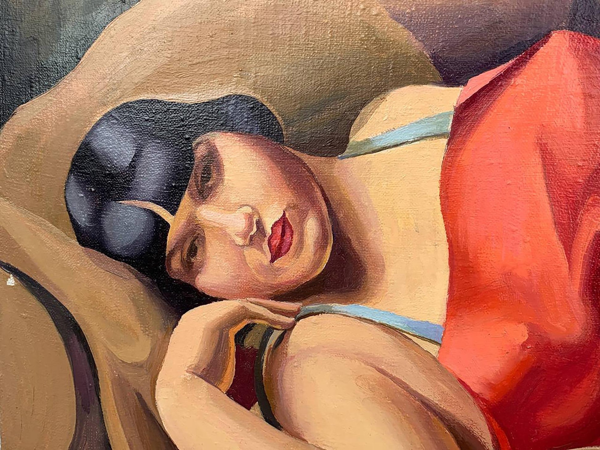 Oil painting Lady in Red by V. Konotopsky, inspired by T. Lempicka