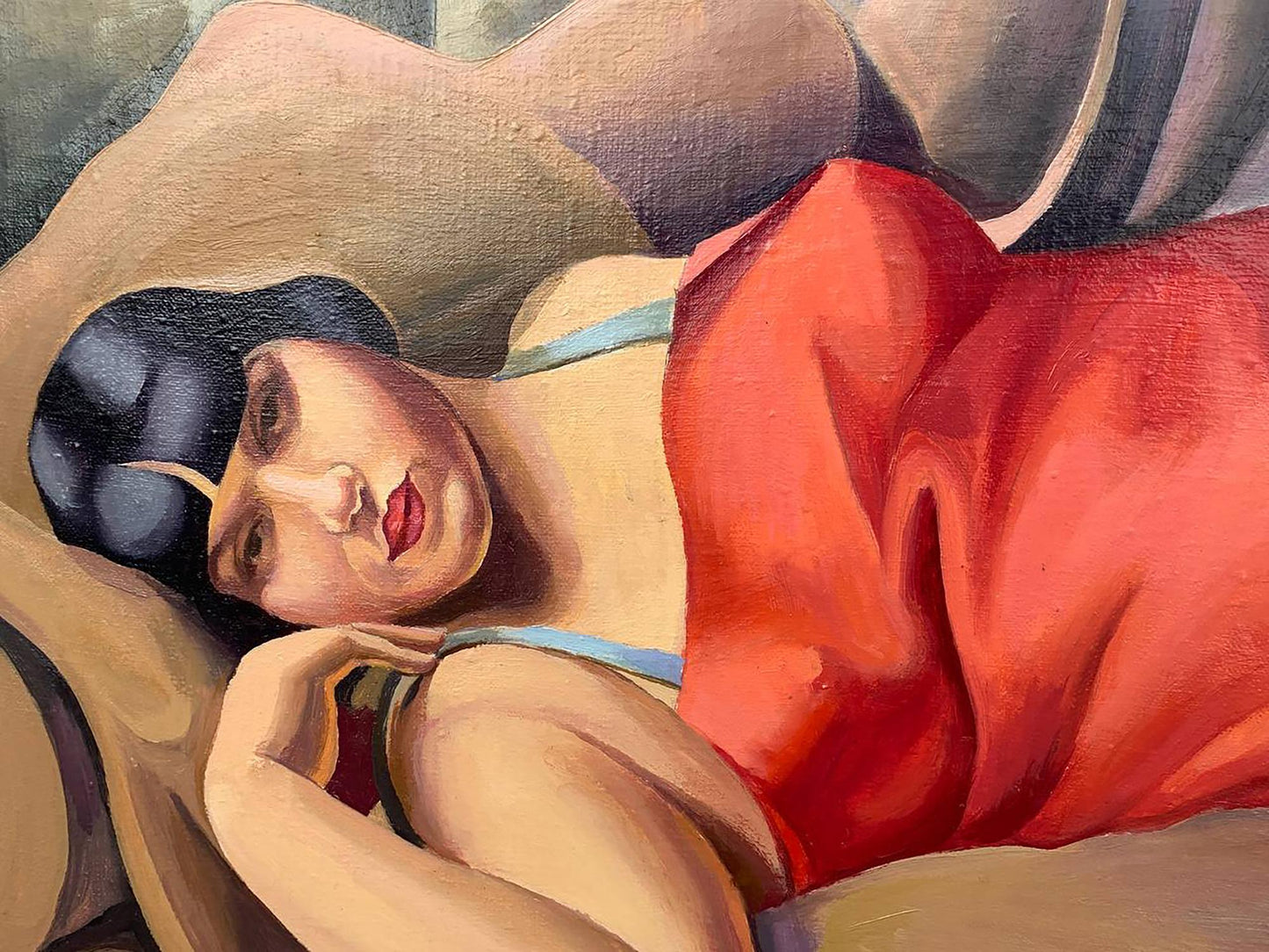 Oil painting of Lady in Red by V. Konotopsky, inspired by T. Lempicka