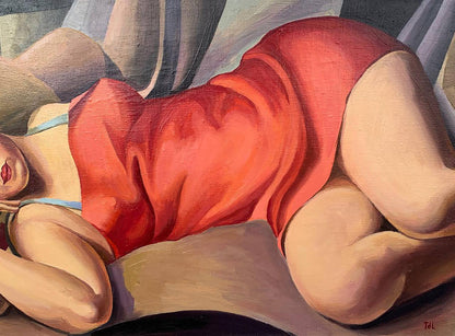 Oil painting of lady in red satin dress by V. Konotopsky, T. Lempicka style