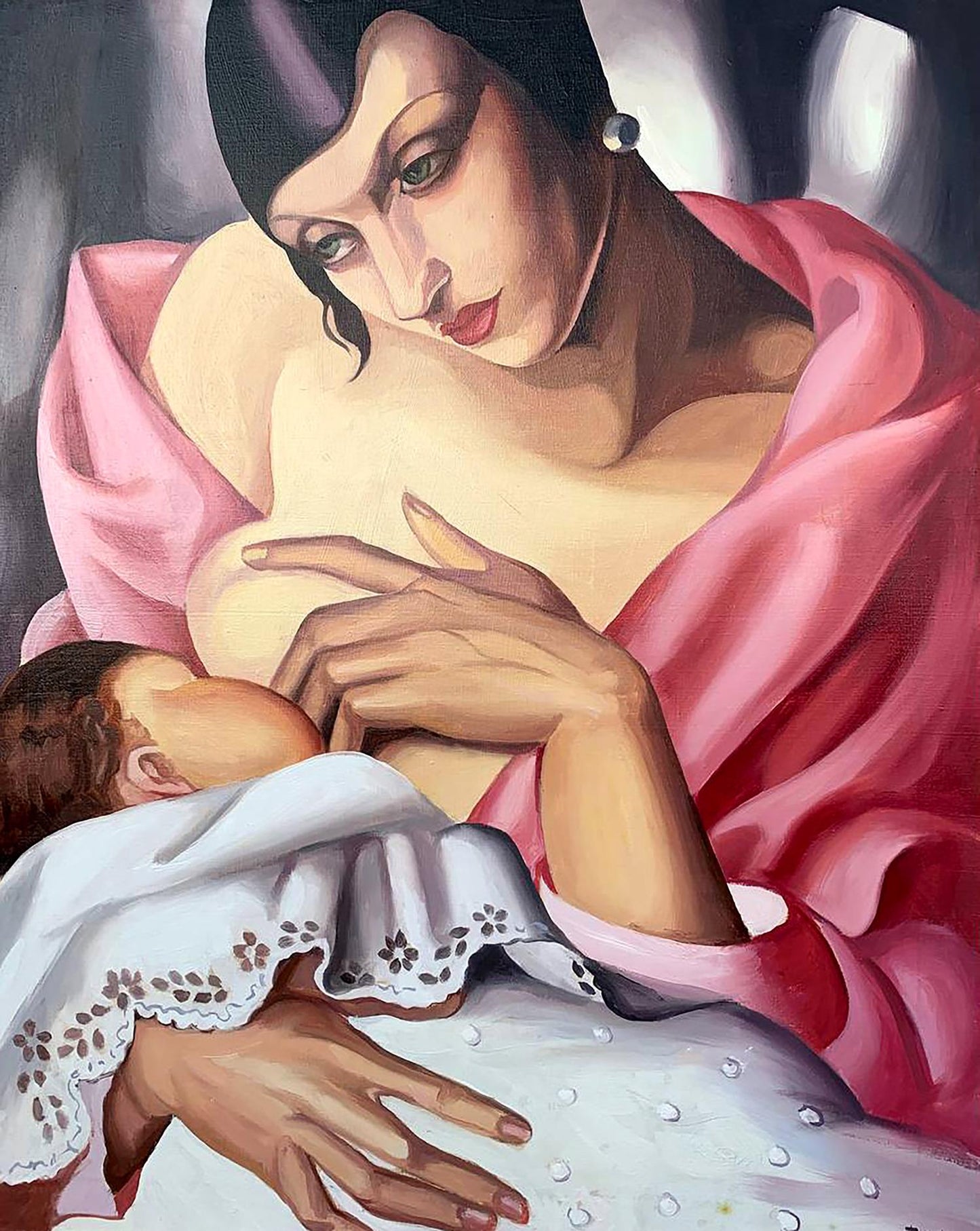 Oil painting of breastfeeding mother in pink robe by V. Konotopsky, Lempicka style
