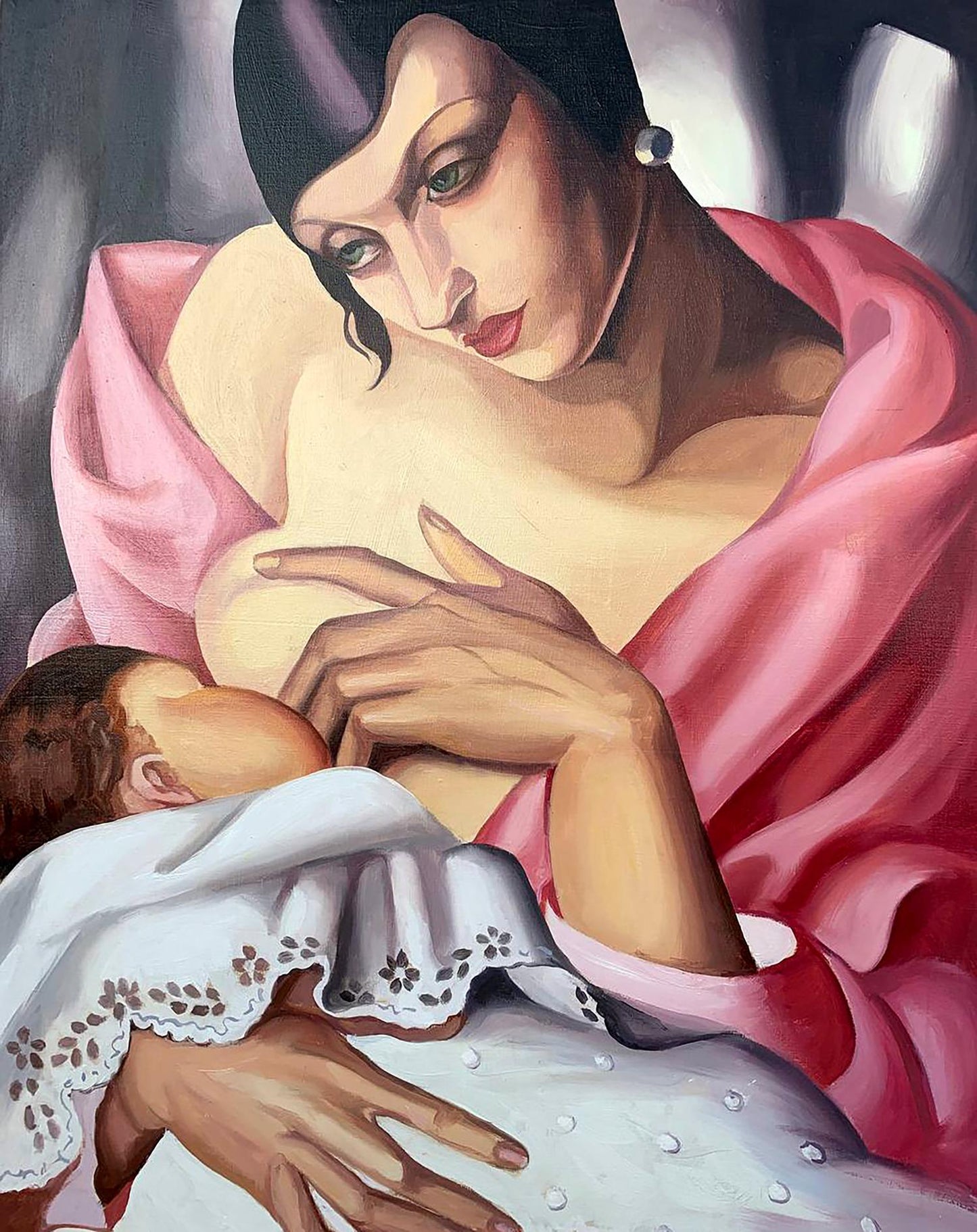 Oil painting of motherhood by V. Konotopsky, pink-robed woman breastfeeding infant