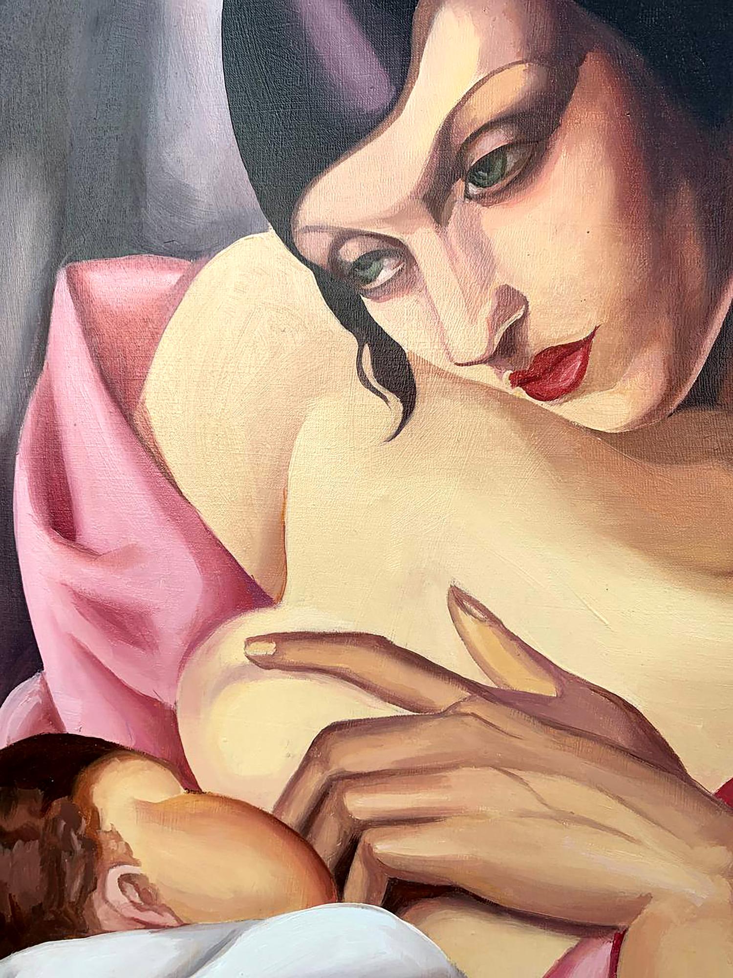 Stylized oil painting of breastfeeding mother by V. Konotopsky, Lempicka style