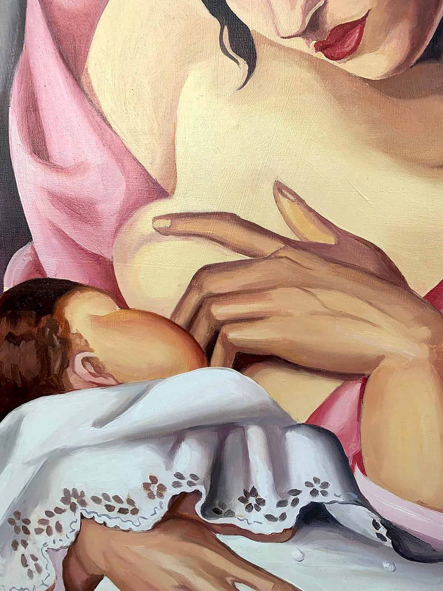 Oil painting Motherhood by V. Konotopsky, pink breastfeeding mother and baby