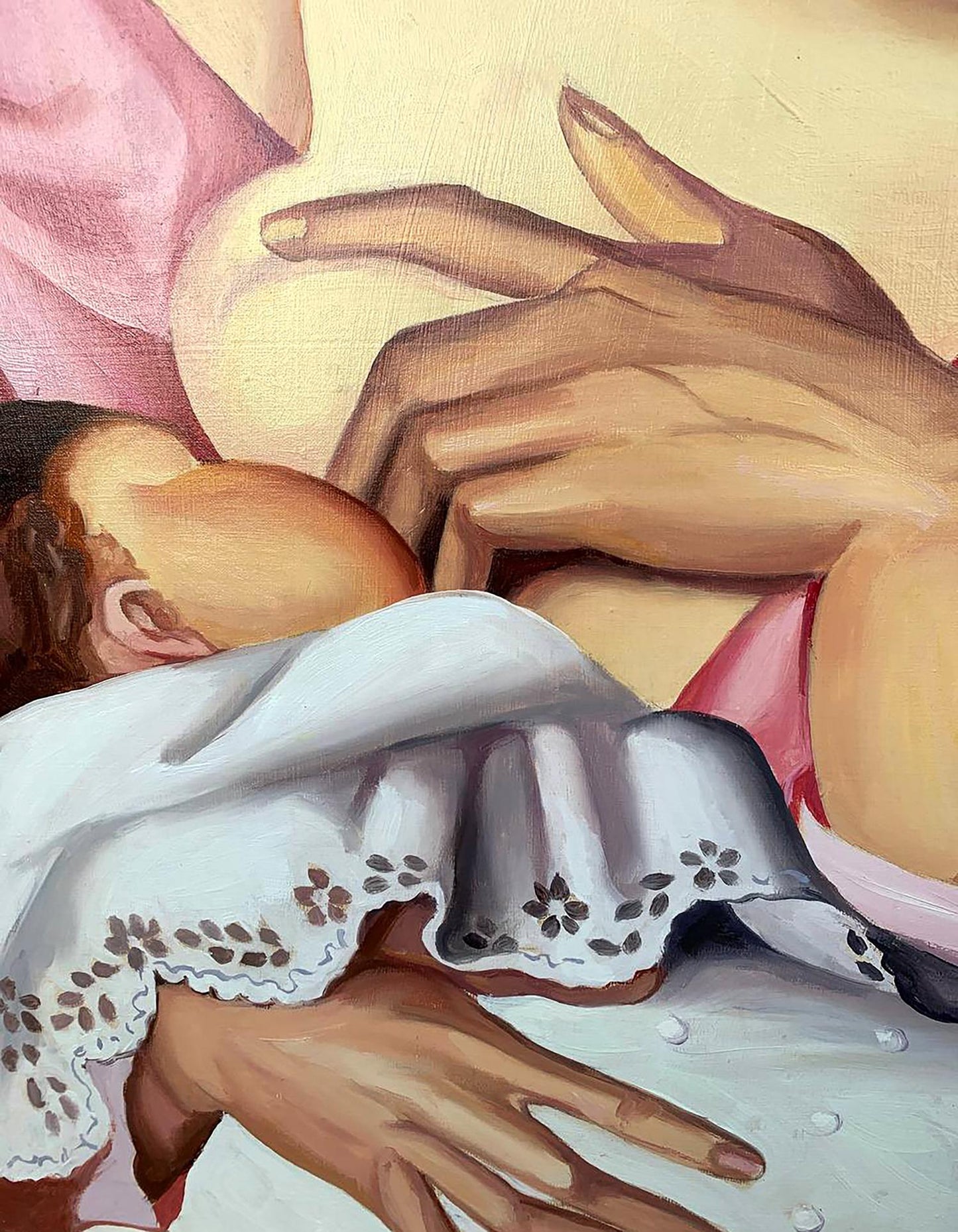 Soft white lace-trimmed garment with floral embroidery, Oil painting Motherhood by T. Lempicka, V. Konotopsky