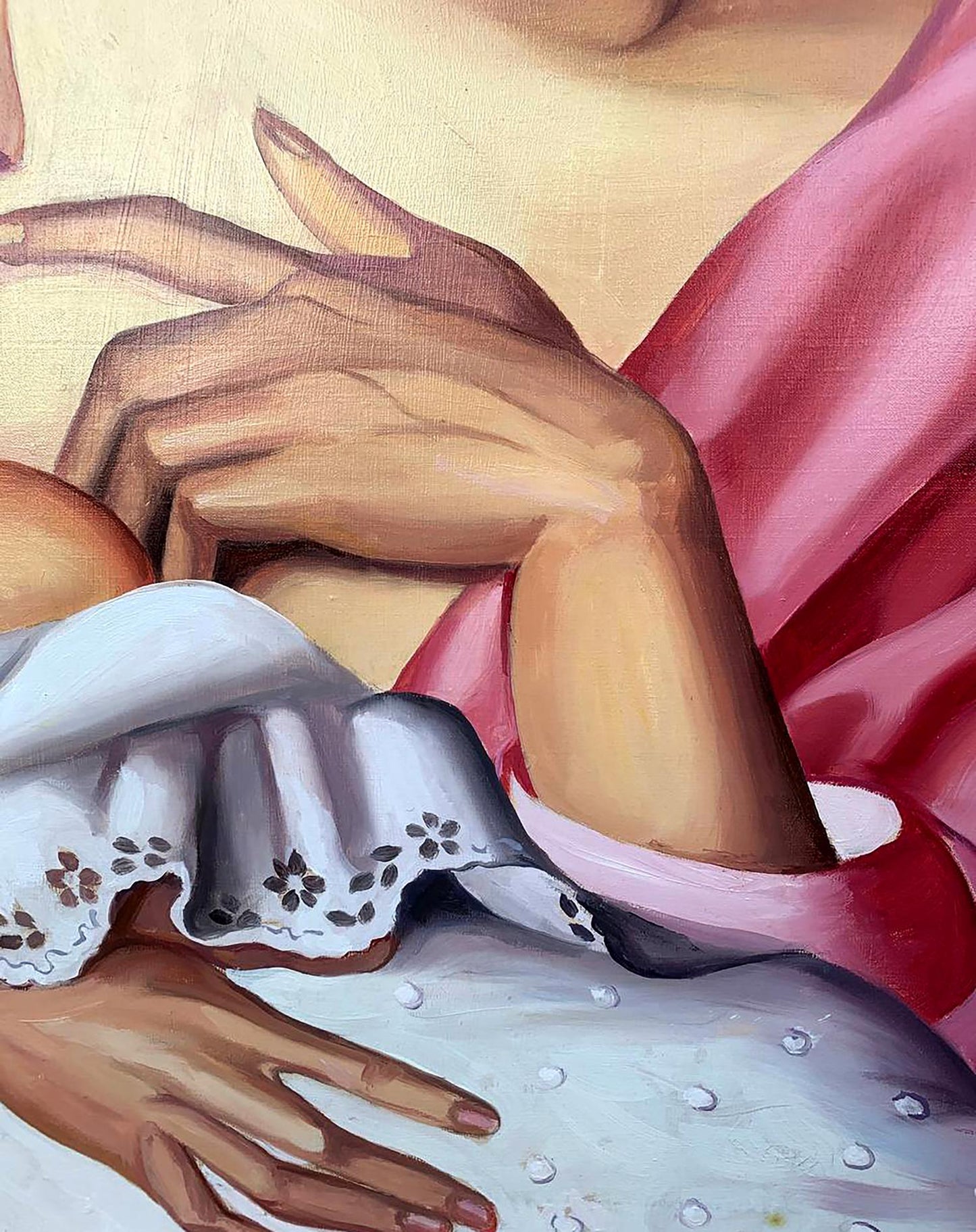 Oil painting Motherhood by V. Konotopsky: hands cradling lace-wrapped infant