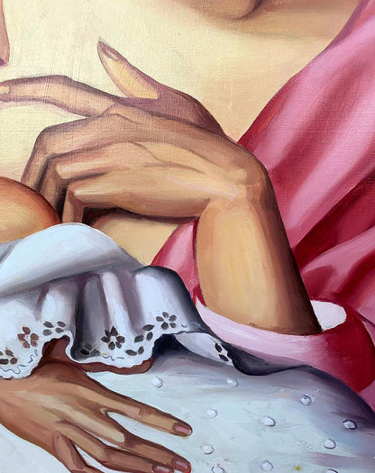 Oil painting Motherhood by V. Konotopsky: hands cradling lace-wrapped infant