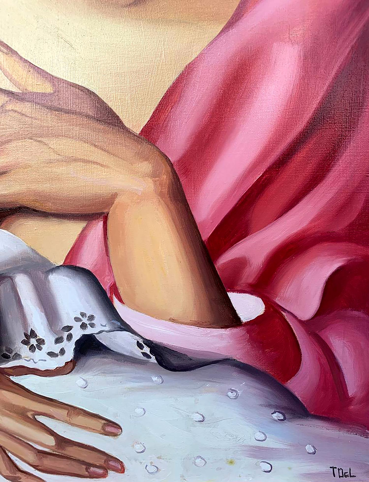 Soft pink satin sleeve with black lace trim on Oil painting Motherhood by T. Lempicka V. Konotopsky
