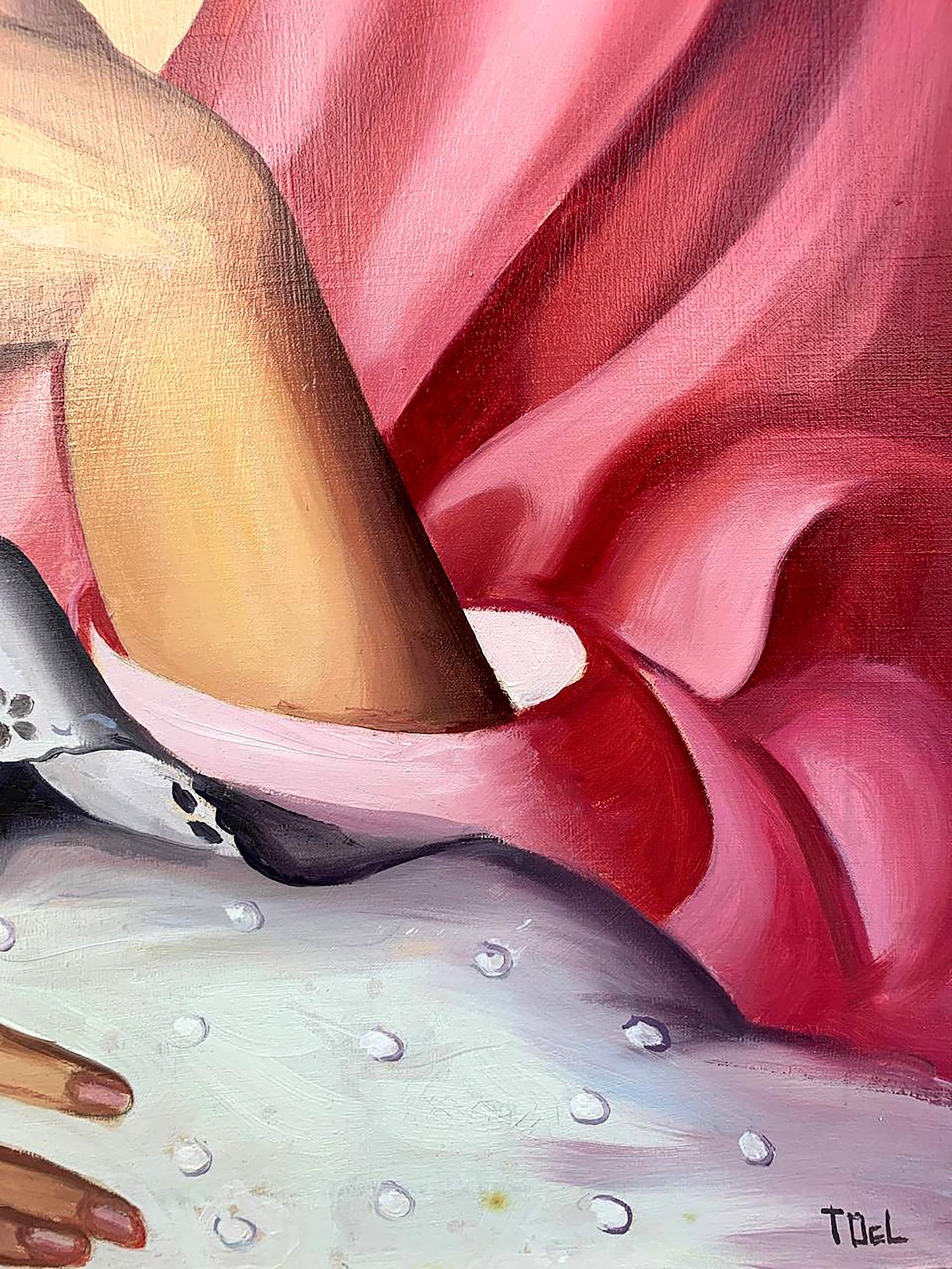 Oil painting Motherhood by T. Lempicka, V. Konotopsky in pink polka dot satin dress