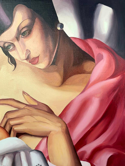 Oil painting Motherhood by V. Konotopsky, dark-haired green-eyed woman in pink gown