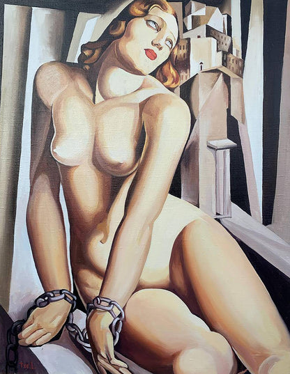 Cubist nude Andromeda oil painting by V. Konotopsky, inspired by T. Lempicka