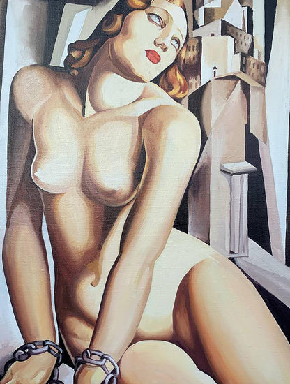 Cubist nude woman with red lips and curly hair, Oil painting Andromeda by V. Konotopsky