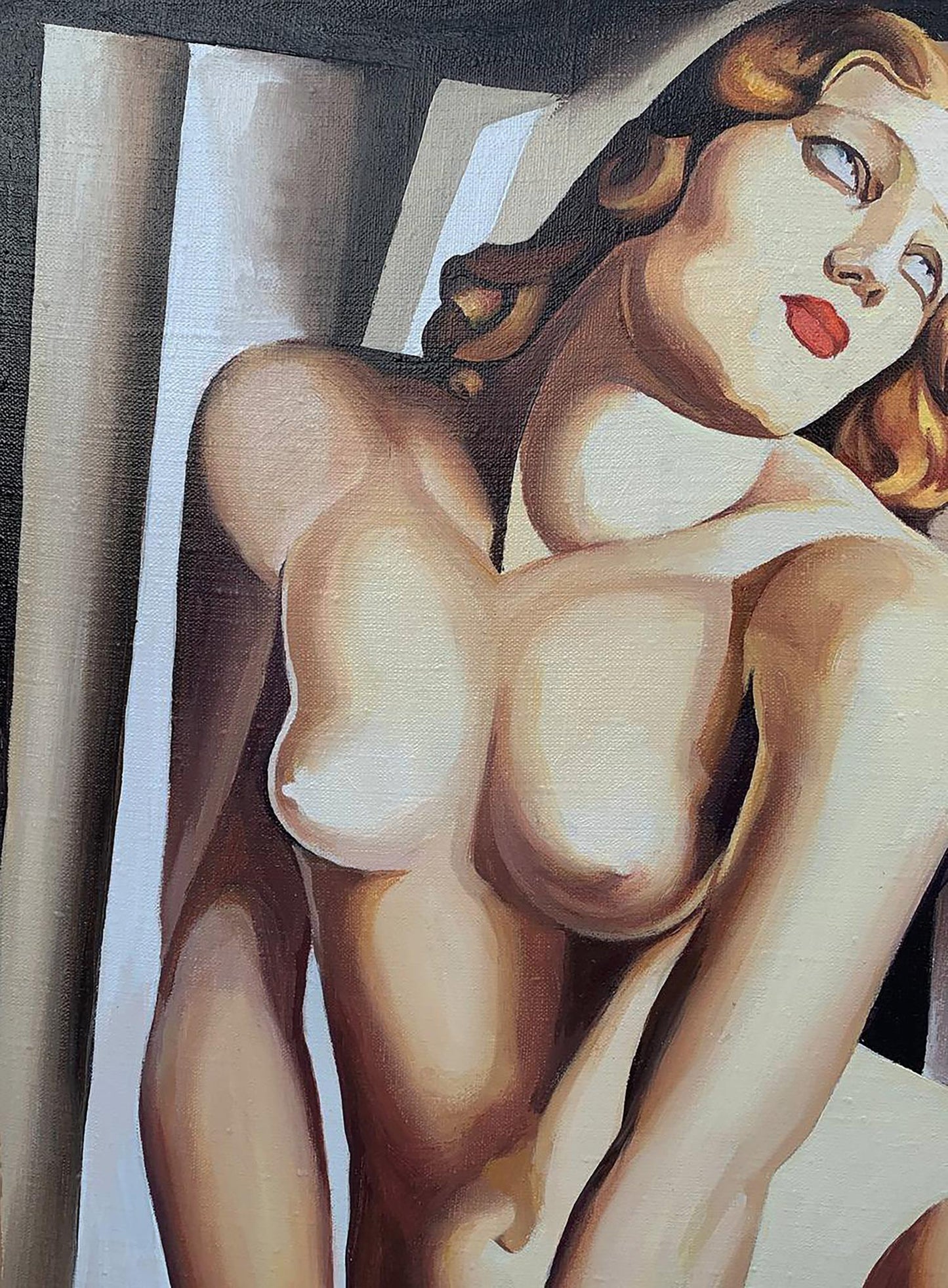 Nude Andromeda oil painting by V. Konotopsky, inspired by T. Lempicka