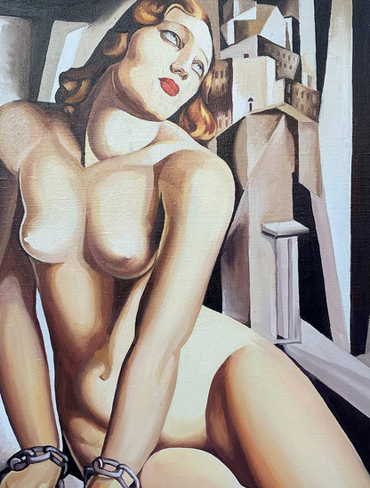 Cubist nude oil painting Andromeda by V. Konotopsky, reddish-brown hair