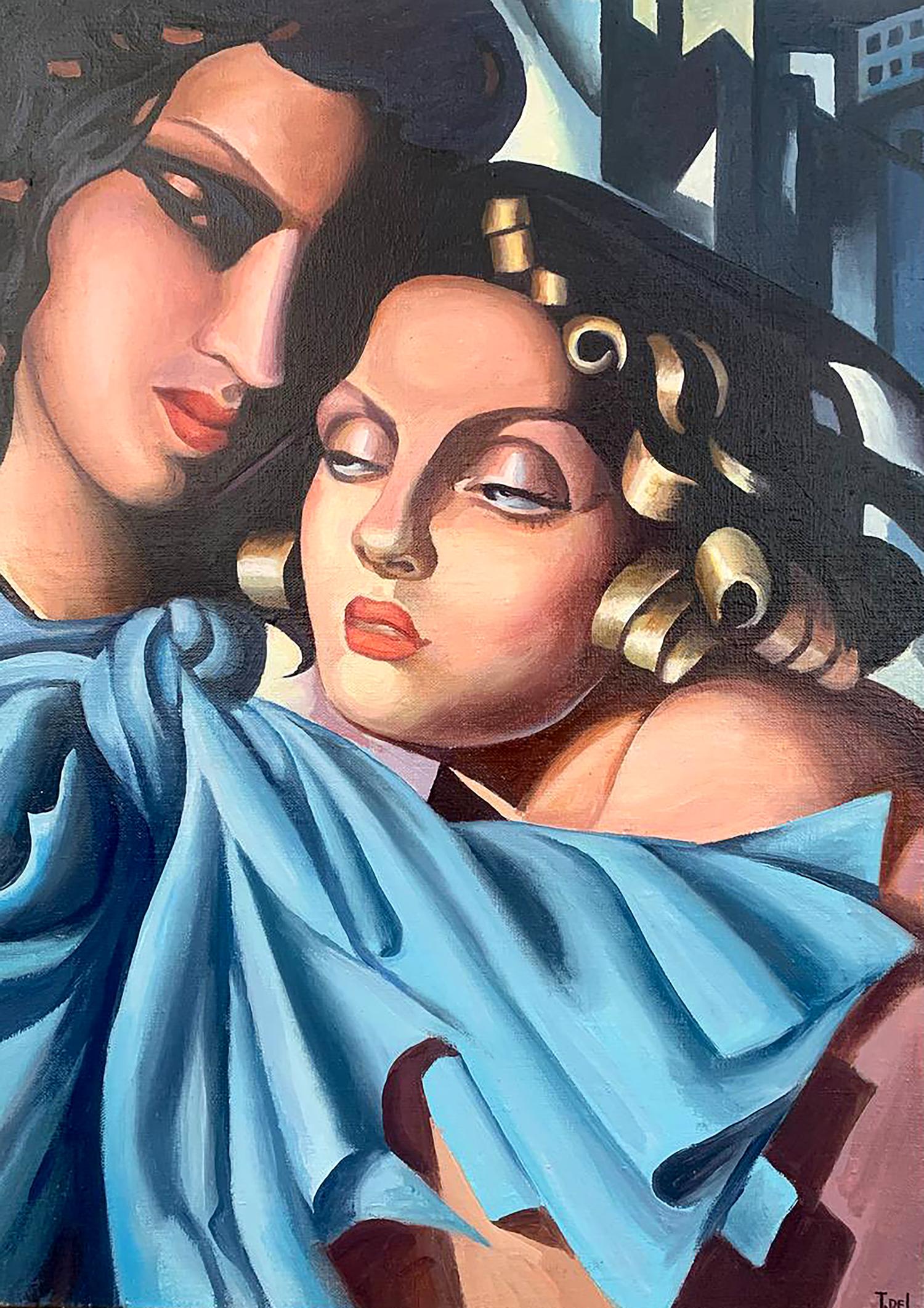 Stylized oil painting of two girls by V. Konotopsky, T. Lempicka style