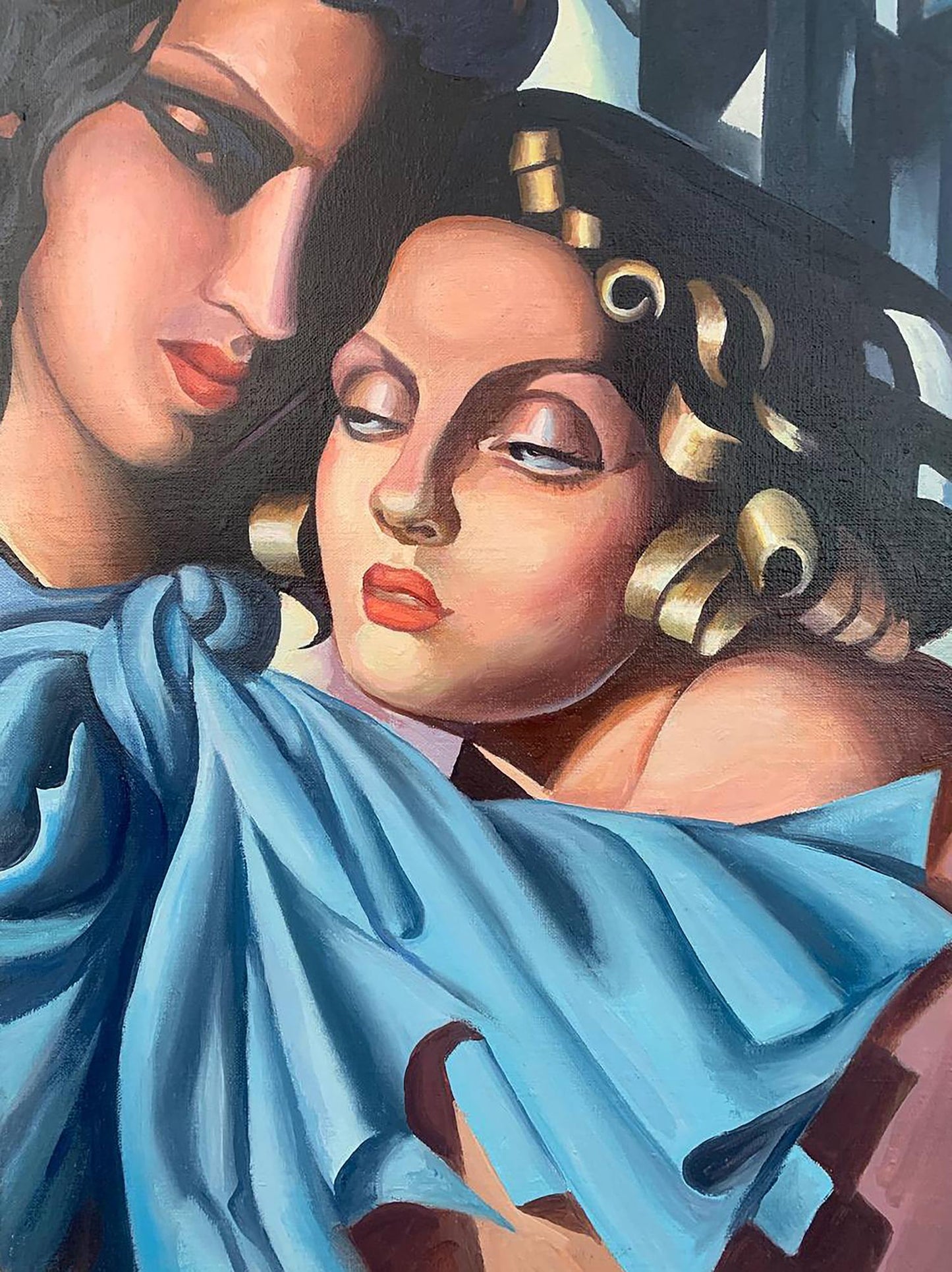 Oil painting Two girls by V. Konotopsky based on T. Lempicka with blue draped fabric