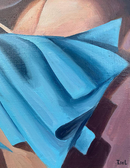 Oil painting Two girls by V. Konotopsky, vibrant blue draped fabric folds