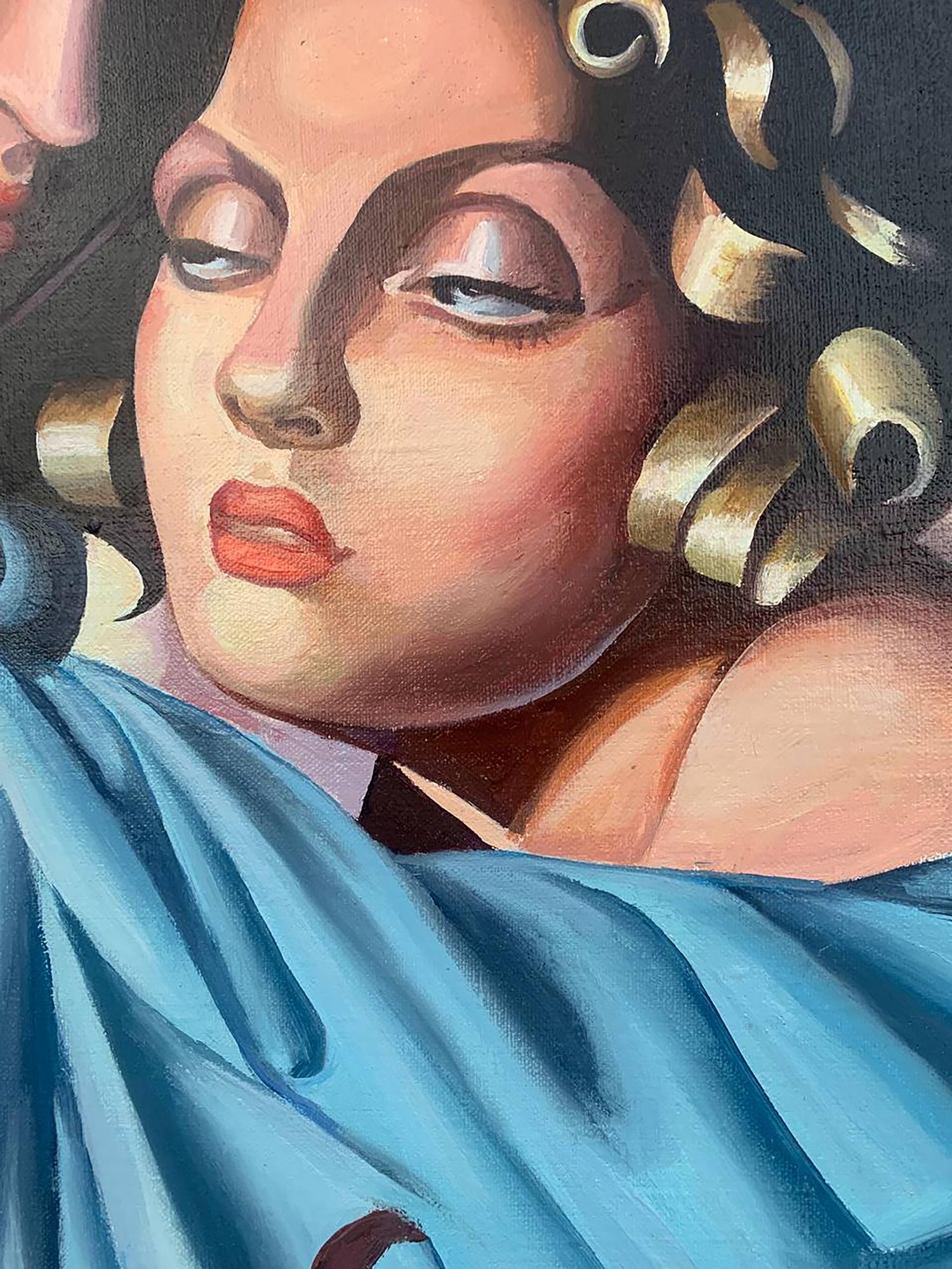 Oil painting of two girls by V. Konotopsky, close-up with peach skin, black eyeliner