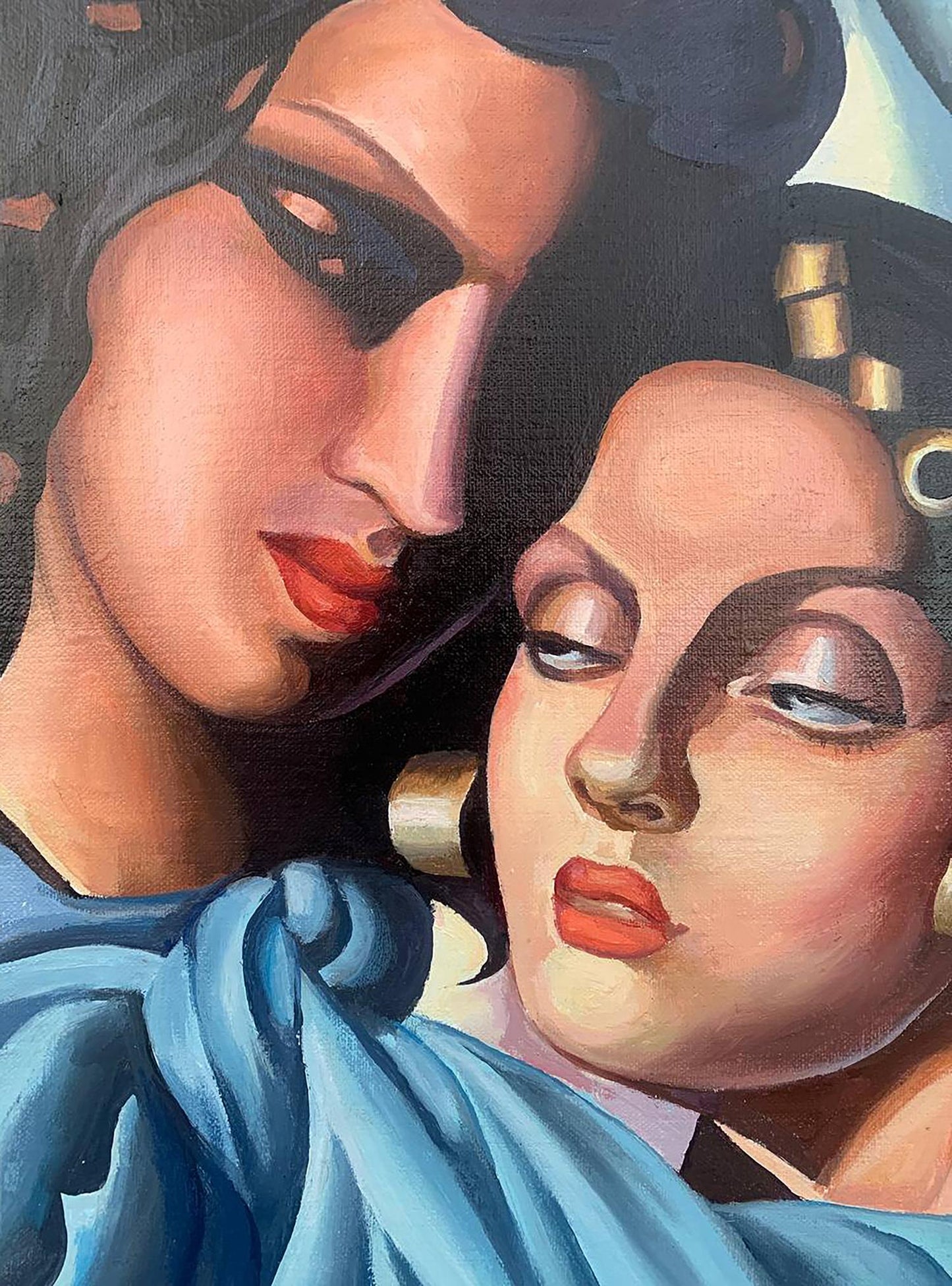Vibrant oil painting of two stylized girls in blue fabric by V. Konotopsky, Lempicka style