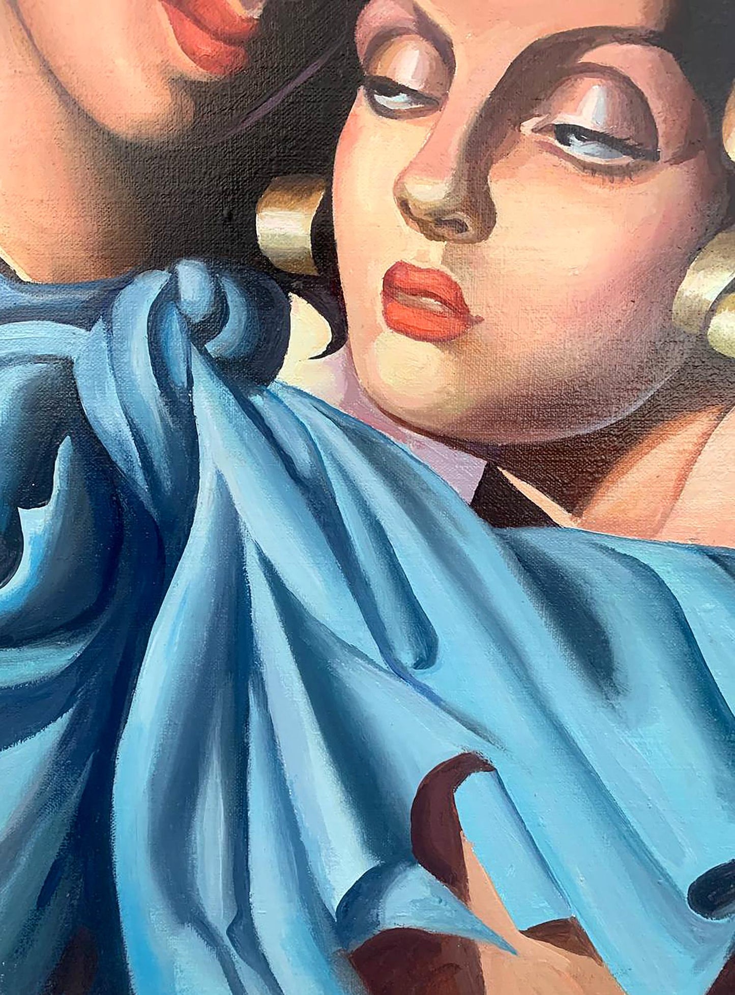 Stylized oil painting of two girls by V. Konotopsky based on T. Lempicka