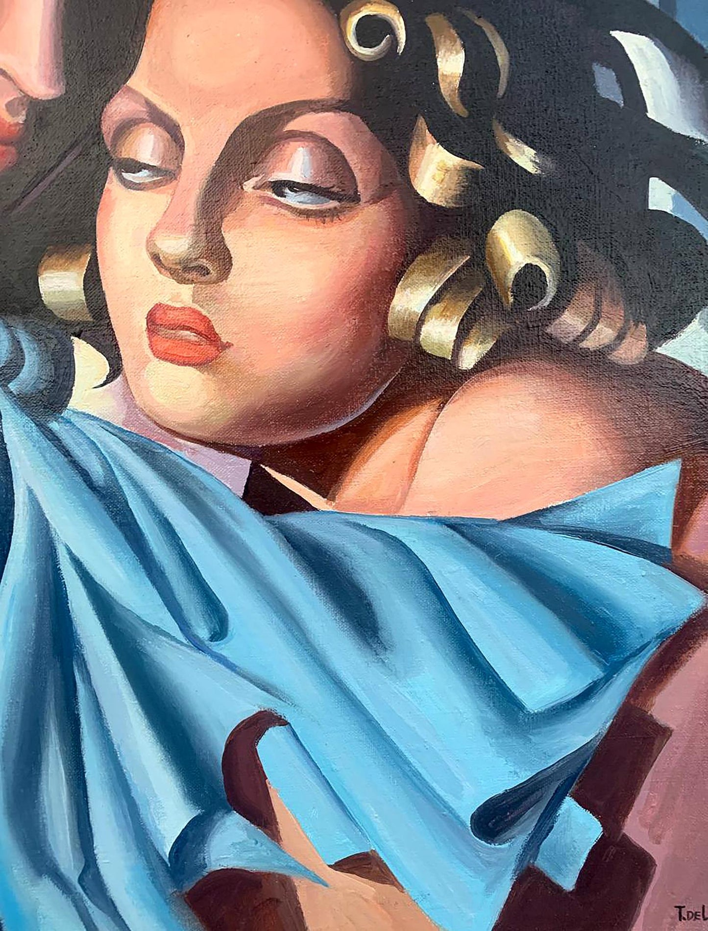 Stylized oil portrait of two Lempicka-style girls by V. Konotopsky