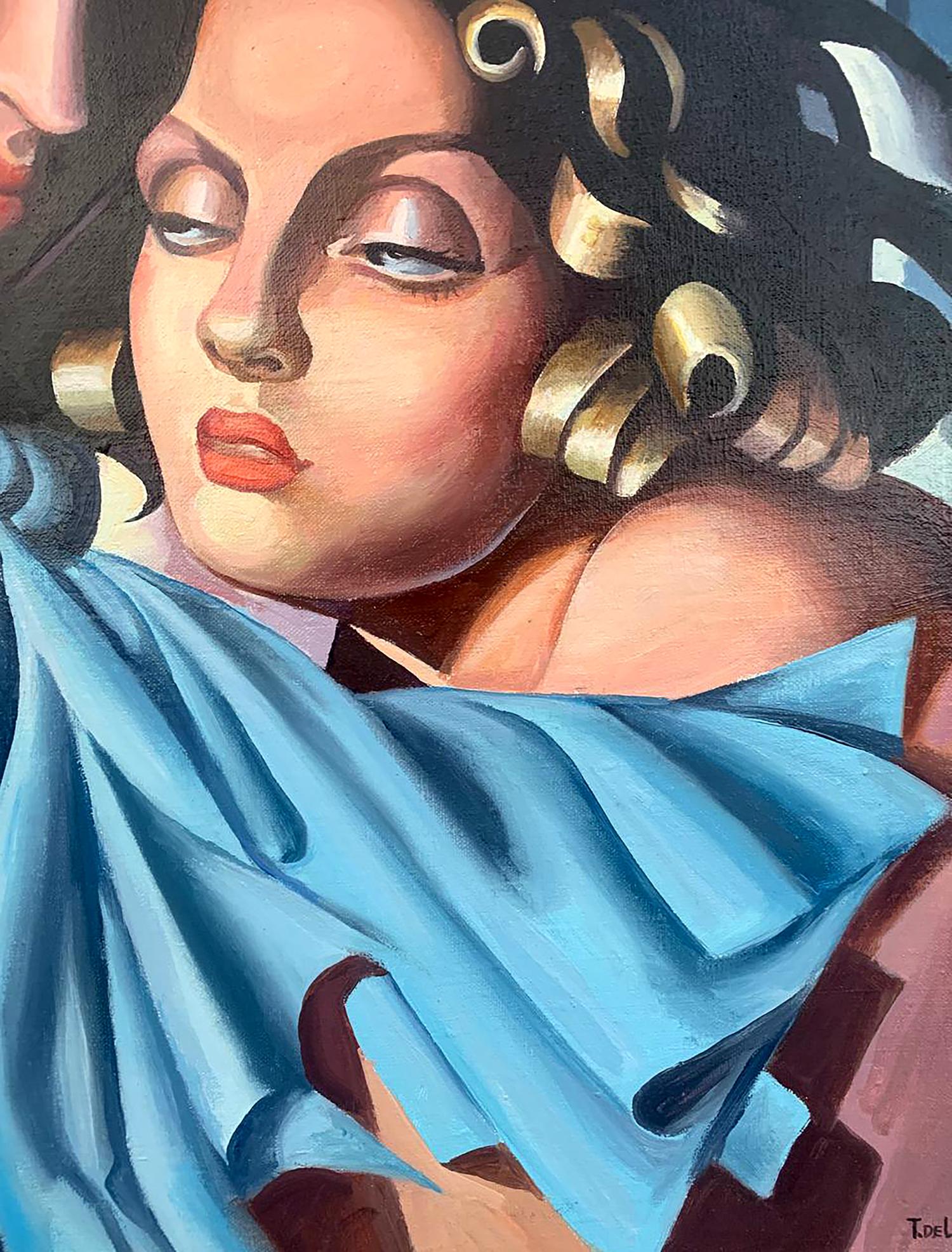 Stylized oil portrait of two Lempicka-style girls by V. Konotopsky
