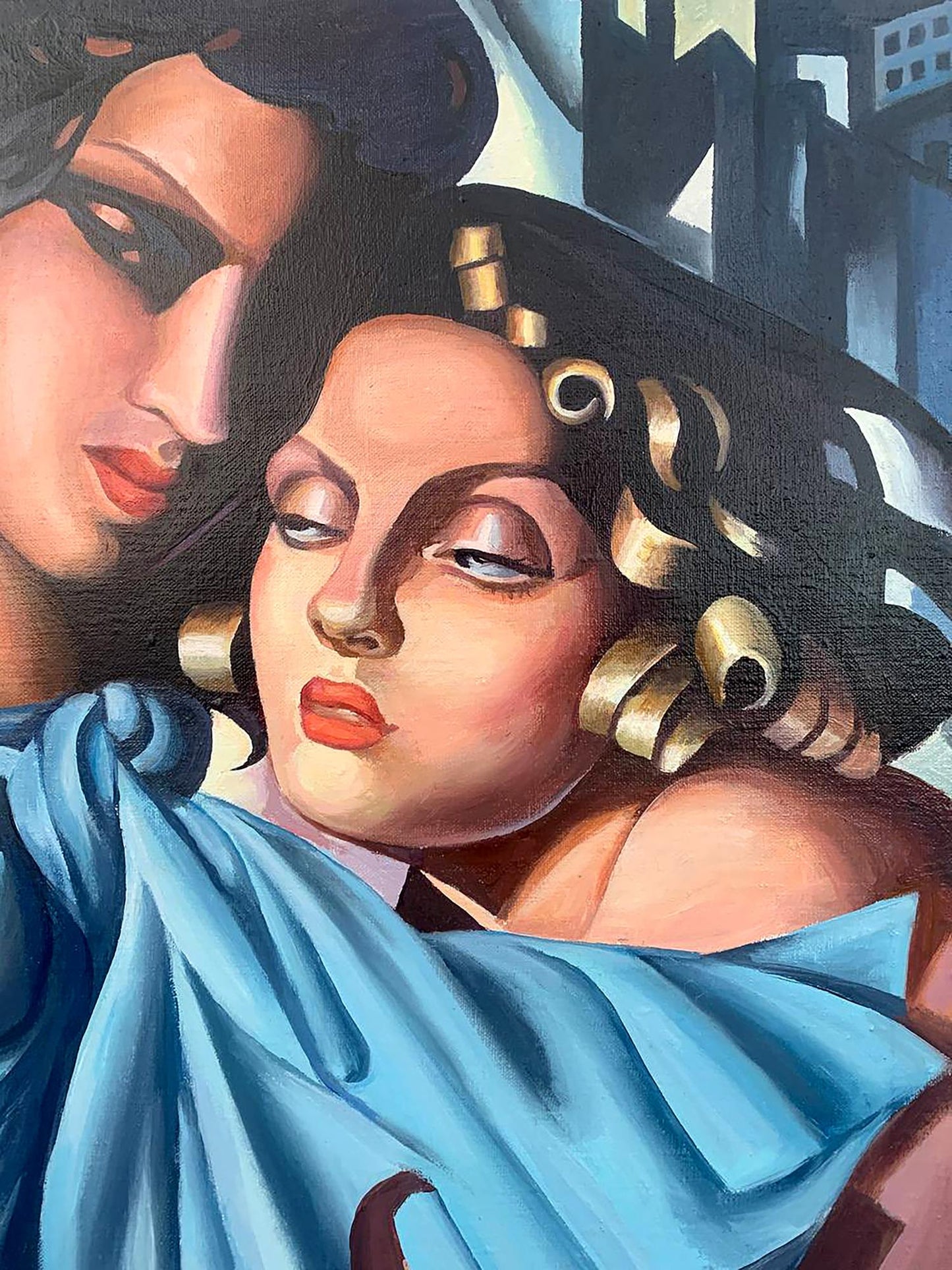 Vibrant oil painting of two girls by V. Konotopsky, inspired by T. Lempicka