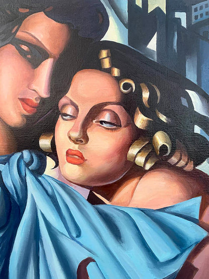 Vibrant oil painting of two girls by V. Konotopsky, inspired by T. Lempicka