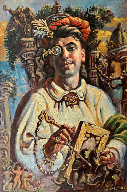 Oil painting self-portrait by Litvinov Daniil Olegovich: man in ornate white coat, orange feathered hat, holding keychain
