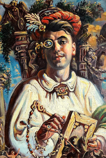 Oil painting self-portrait by Litvinov Daniil Olegovich, man in ornate embroidered shirt and jeweled red feathered hat
