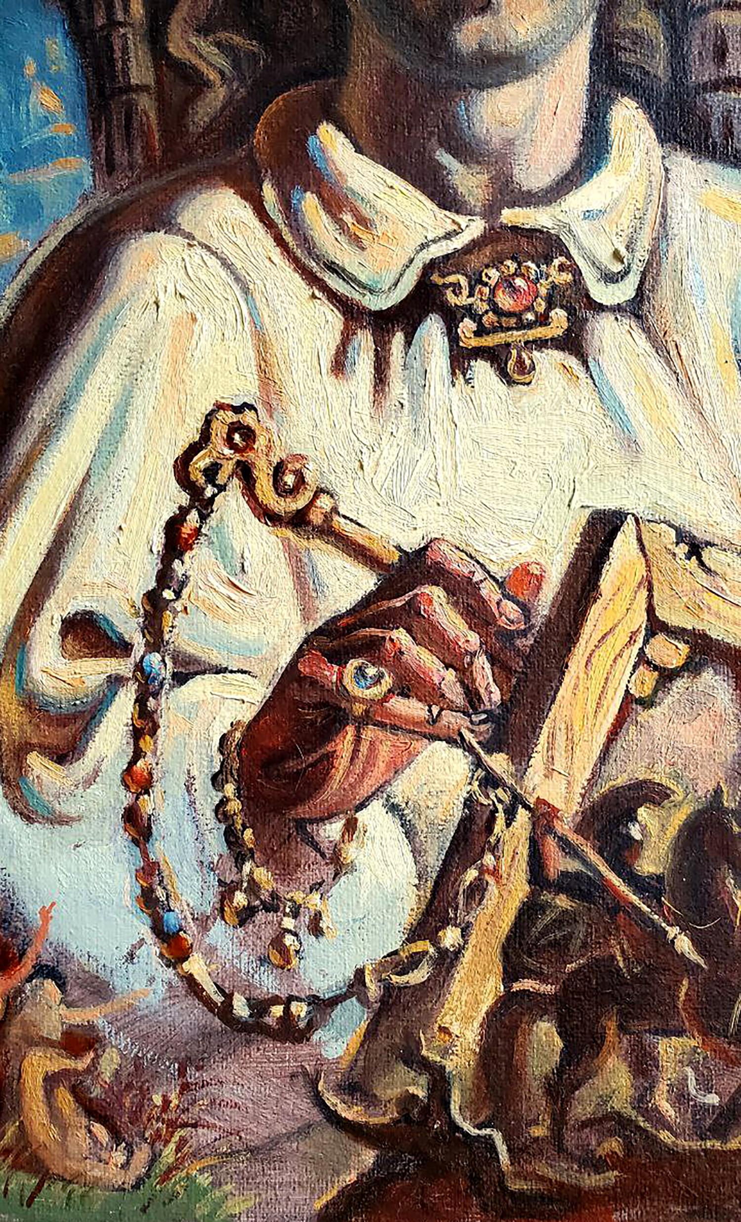 Hand holding ornate gold key with red blue beaded chain for Litvinov painting