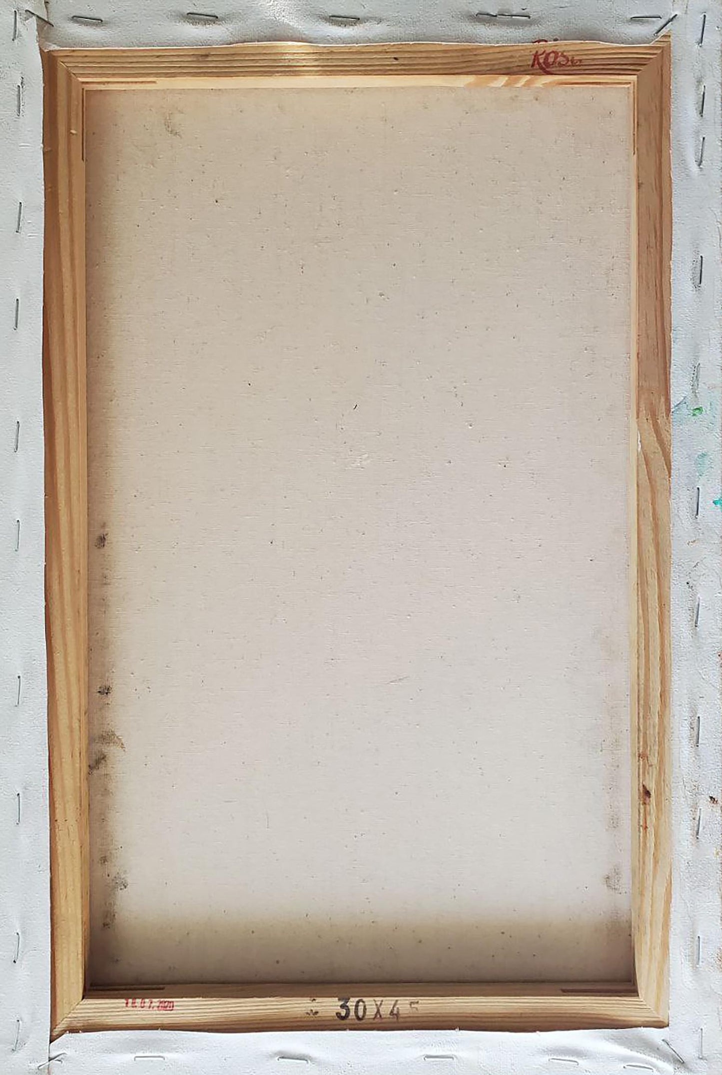 Aged light wood-framed canvas back of Litvinov Daniil Olegovich self-portrait oil painting