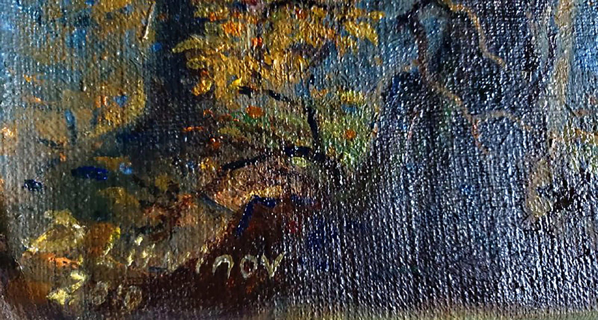 Oil painting Autumn hunting by Litvinov Daniil Olegovich, golden tree on blue canvas