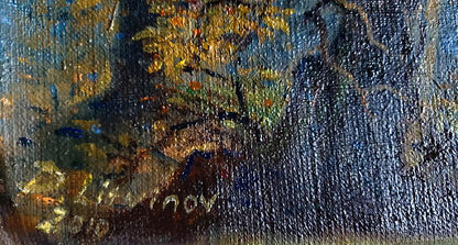 Oil painting Autumn hunting by Litvinov Daniil Olegovich, golden tree on blue canvas