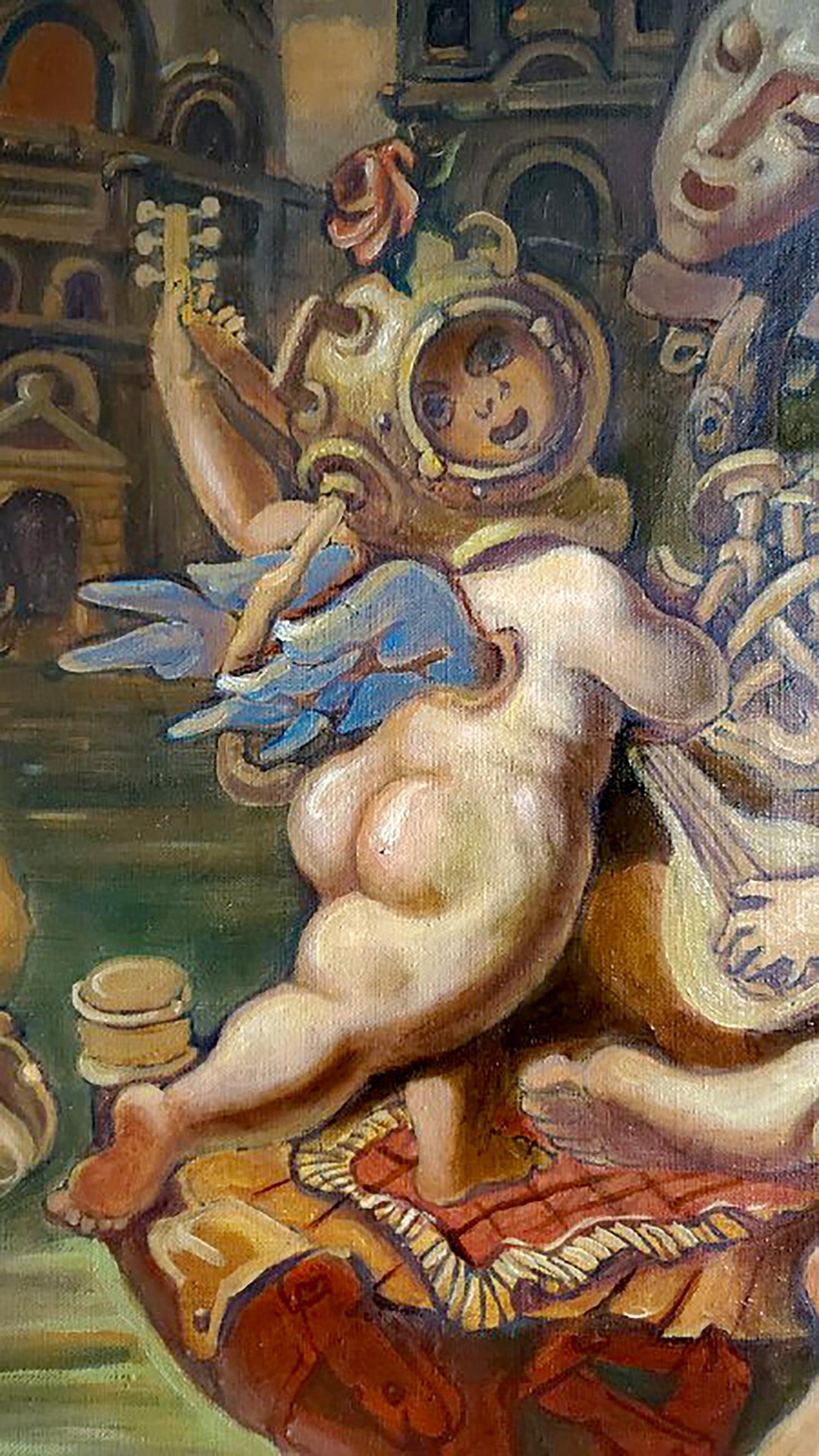 Whimsical nude cherub with blue wings in gold rose helmet, Autumn in Venice oil painting by Litvinov Daniil Olegovich