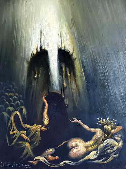 Surreal oil painting Mystery of Fire by Litvinov Daniil Olegovich, dripping white face