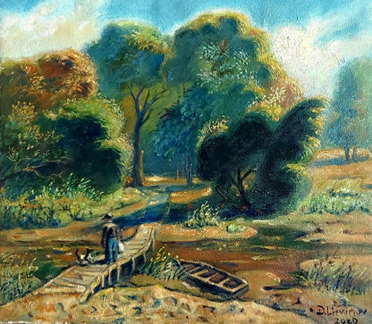 Rustic wooden bridge over muddy stream in Lubny by Litvinov Daniil Olegovich oil painting