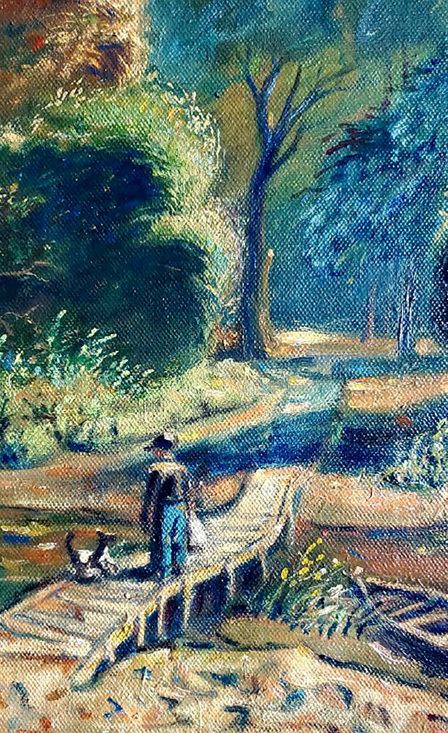 Serene impressionistic oil painting by Litvinov Daniil Olegovich of lone figure by boat on riverbank