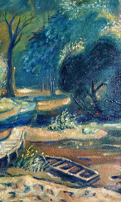 Oil painting of small dark blue rowboat on sandy shore by Lubny Litvinov Daniil Olegovich