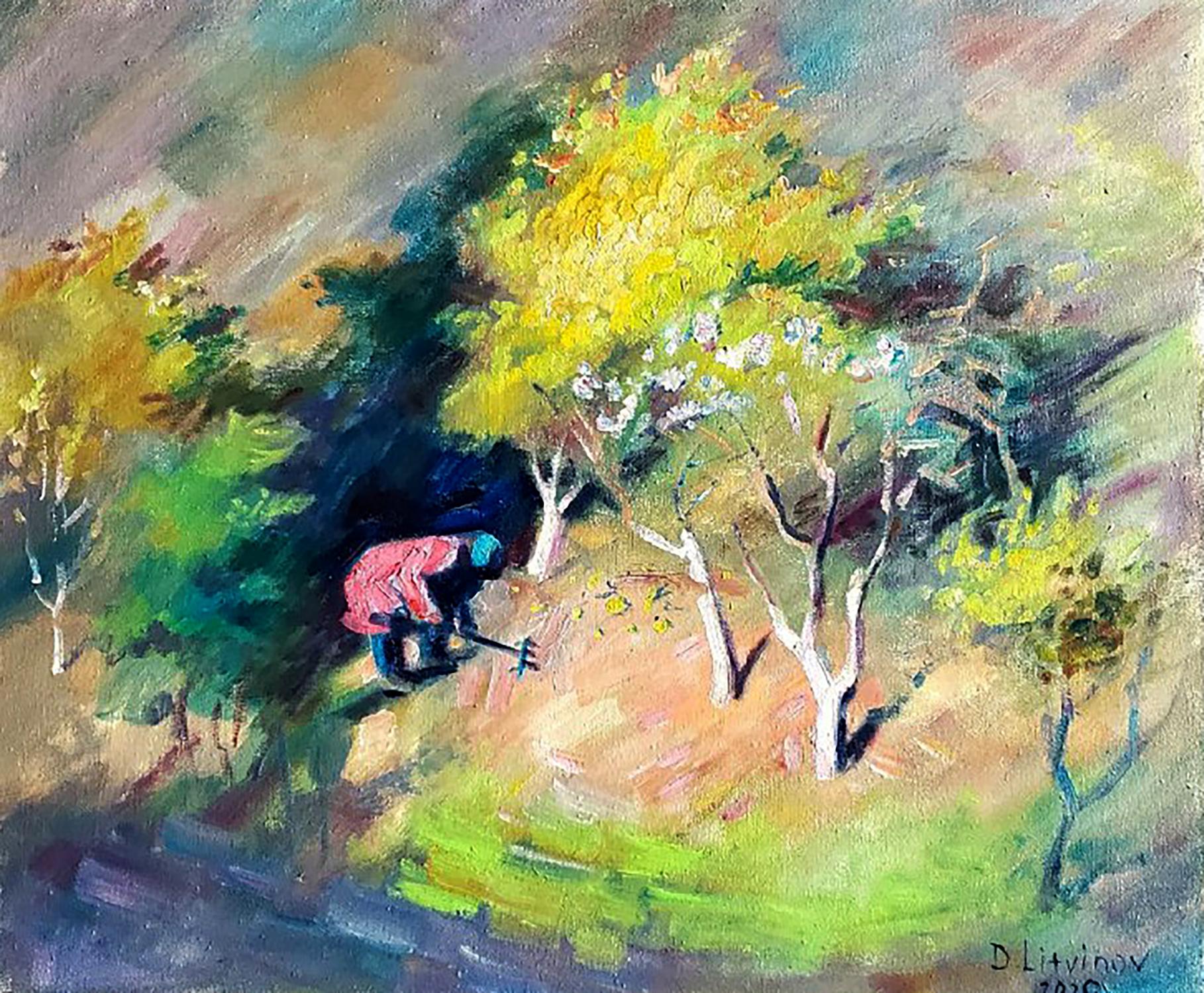 Oil painting Garden cleaning by Daniil Litvinov: pink figure under lush trees