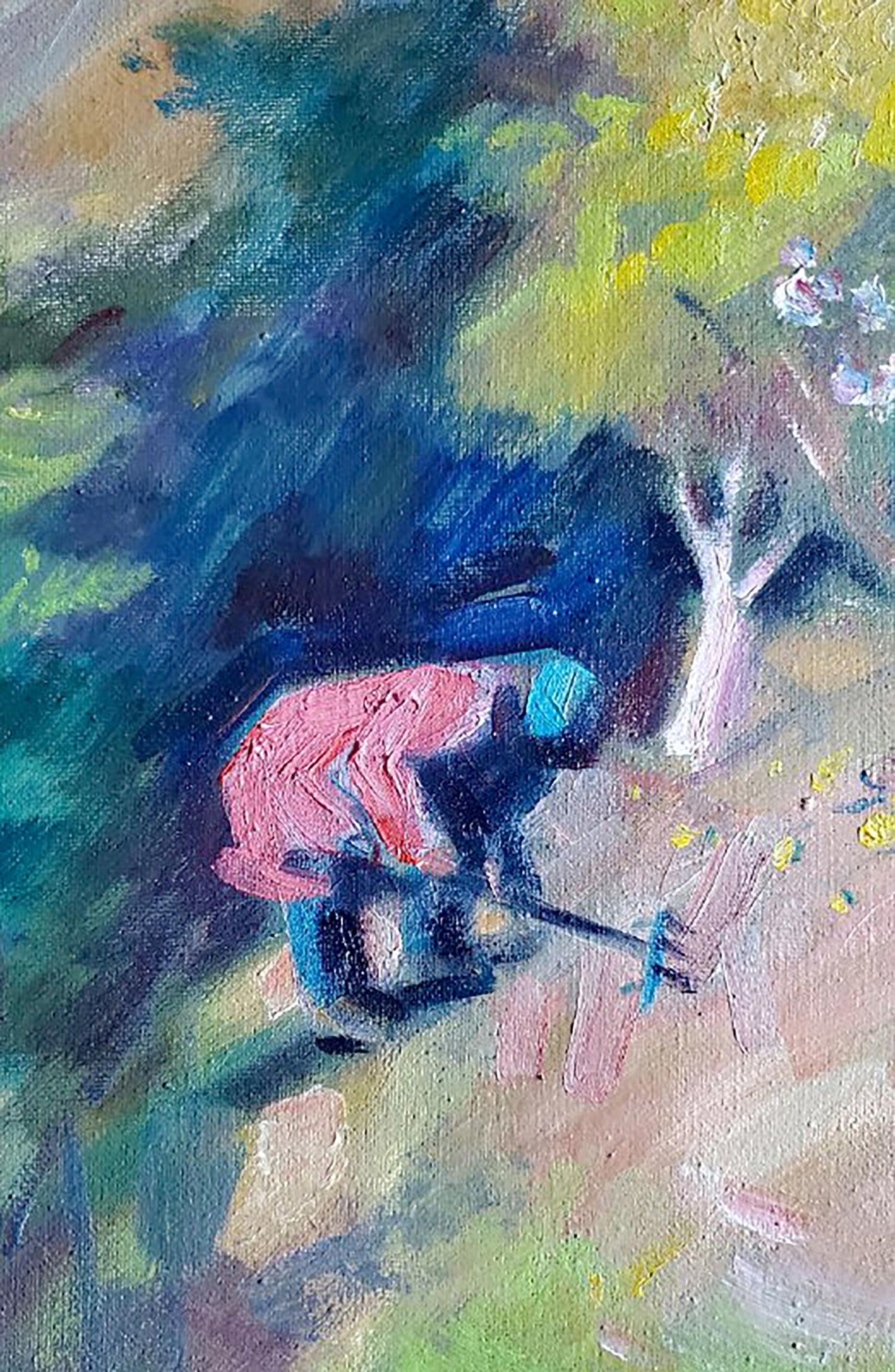Oil painting by Daniil Litvinov: person in pink jacket bends over in lush garden foliage