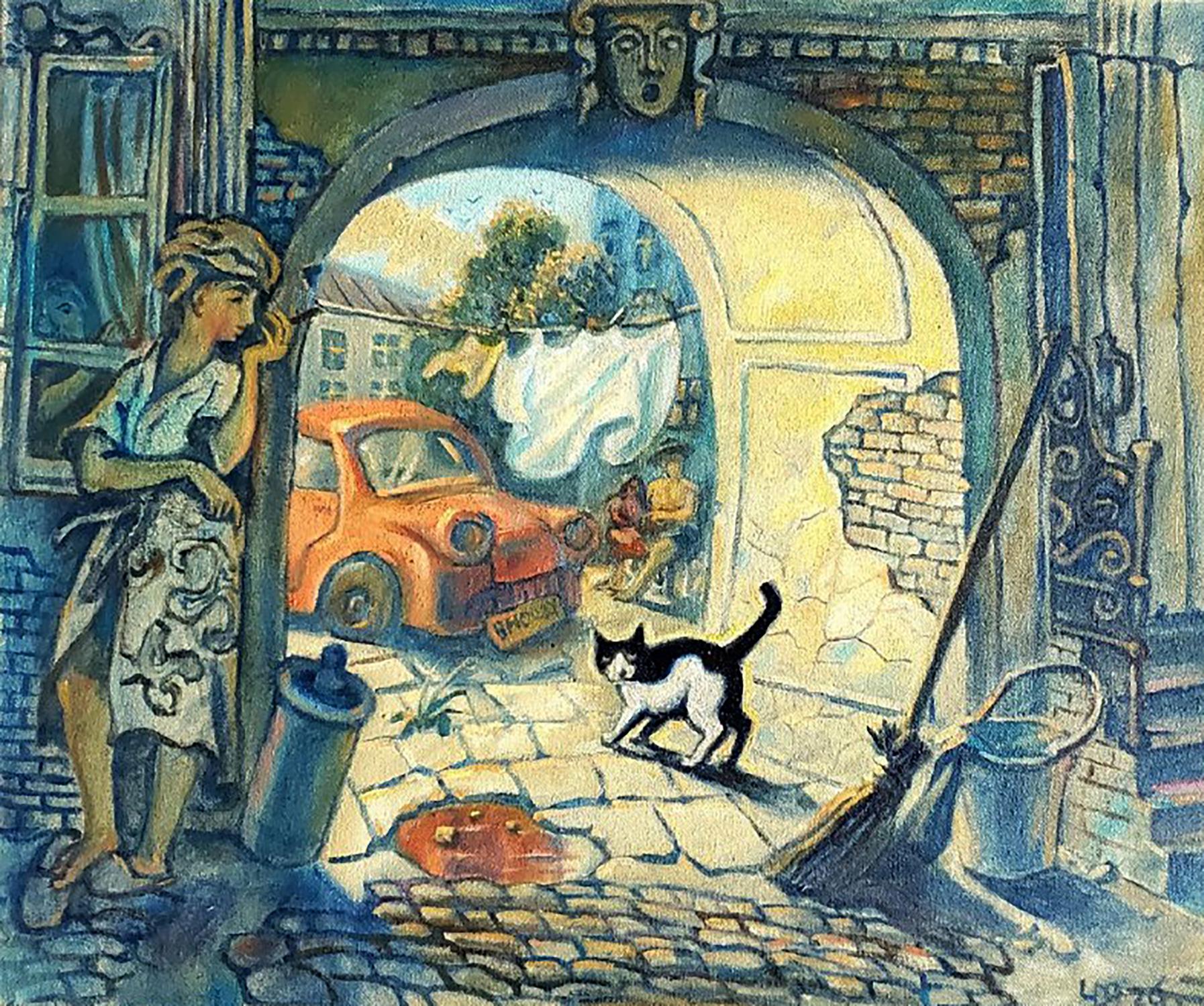Oil painting of orange vintage car parked under arched doorway in Odessa courtyard by Litvinov Daniil Olegovich