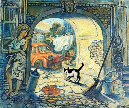 Oil painting of orange vintage car parked under arched doorway in Odessa courtyard by Litvinov Daniil Olegovich
