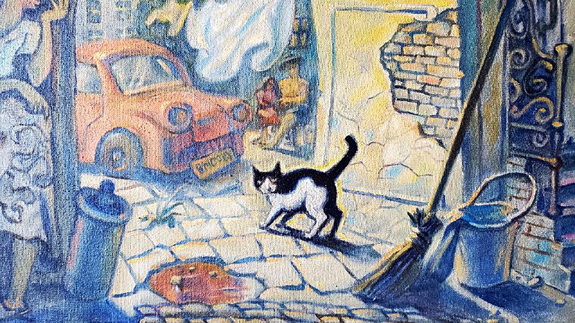 Black and white cat with raised tail in Oil painting Odessa courtyard by Litvinov Daniil Olegovich