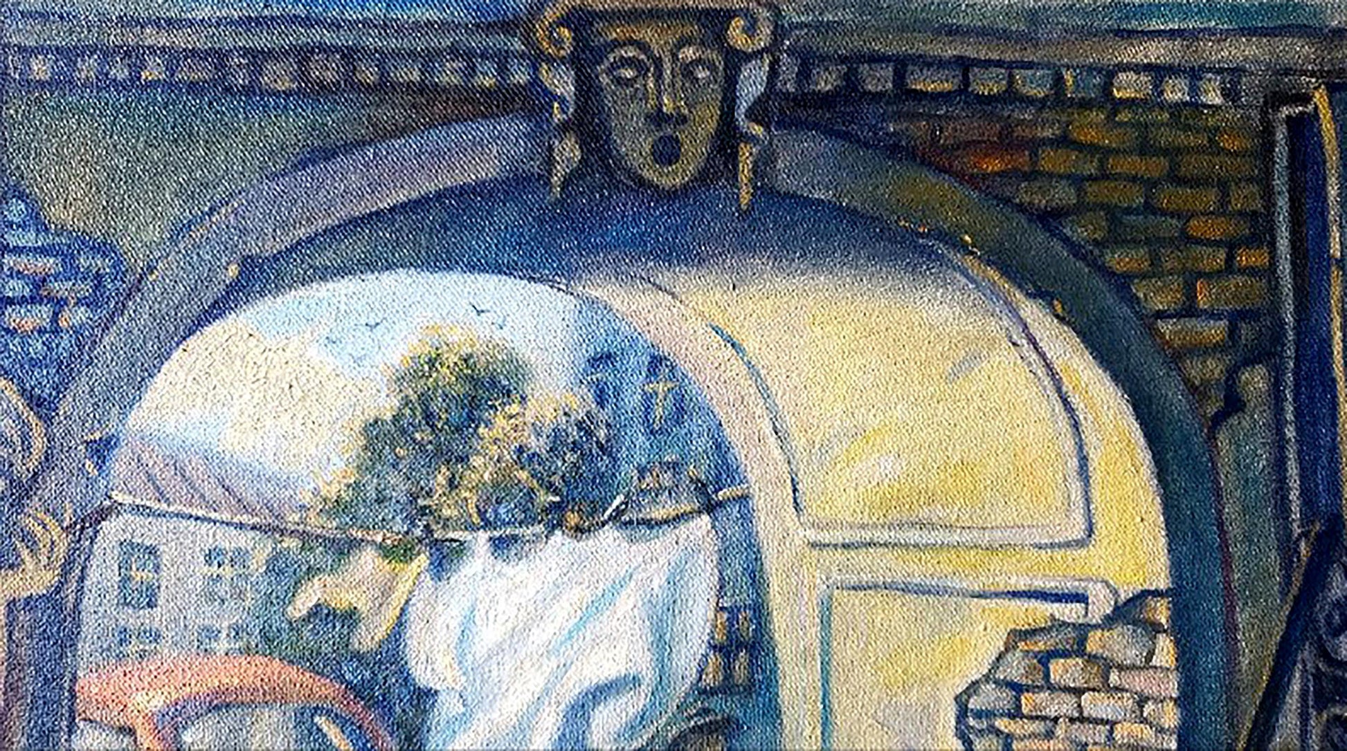 Oil painting of stylized stone face on Odessa courtyard arched doorway by Litvinov Daniil Olegovich